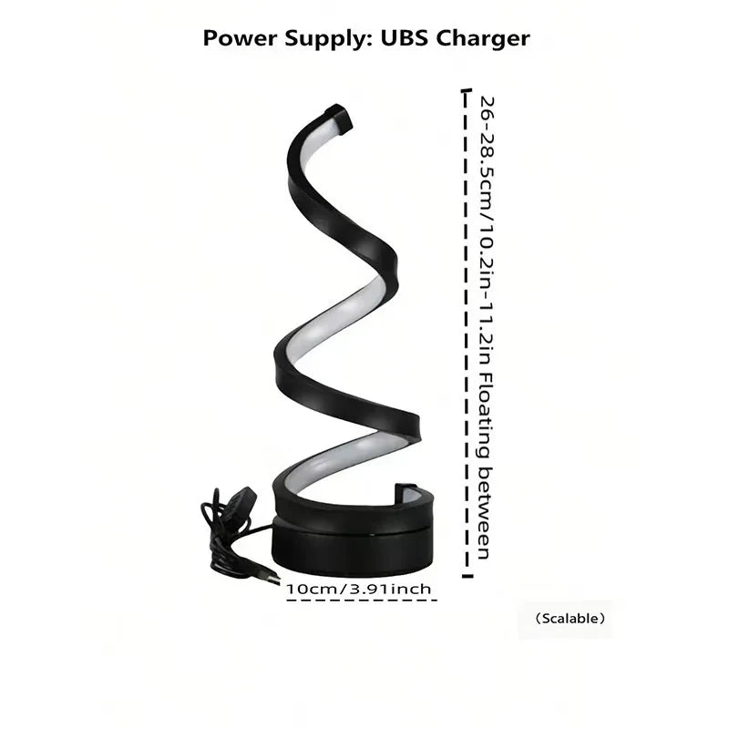 Black spiral LED desk lamp with modern design, USB powered, adjustable height, circular base