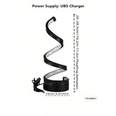 Black spiral LED desk lamp with modern design, USB powered, adjustable height, circular base