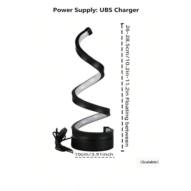 Black spiral LED desk lamp with modern design, USB powered, adjustable height, circular base