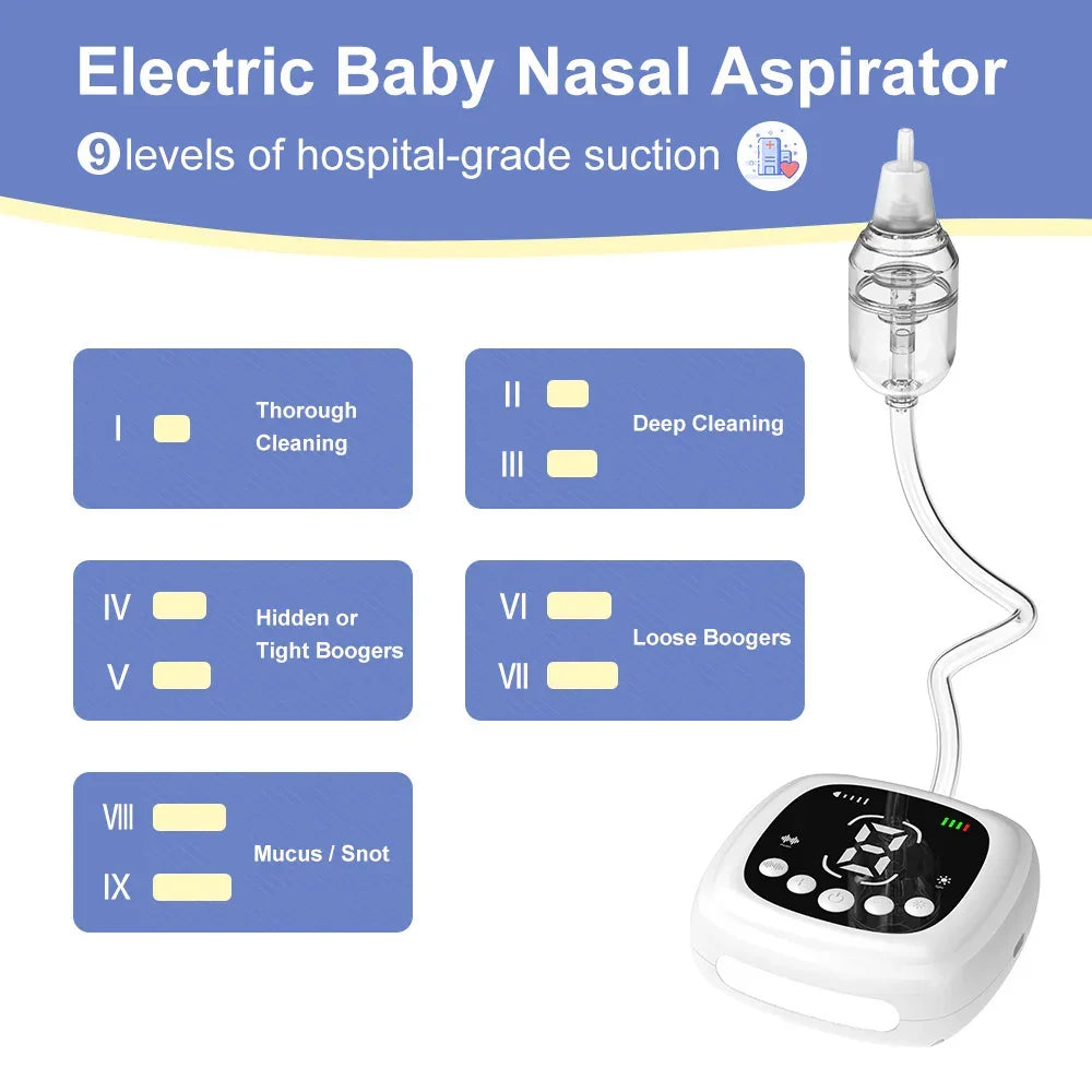 Electric baby nasal aspirator with nine suction levels, digital display, clear tip attached, white device