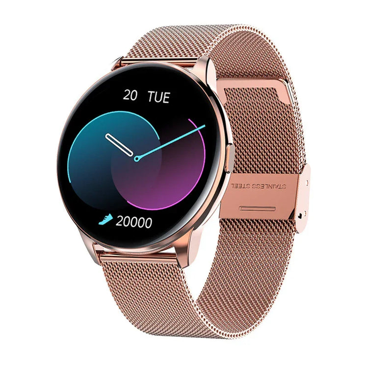 Rose gold mesh band smartwatch with round display and digital step counter