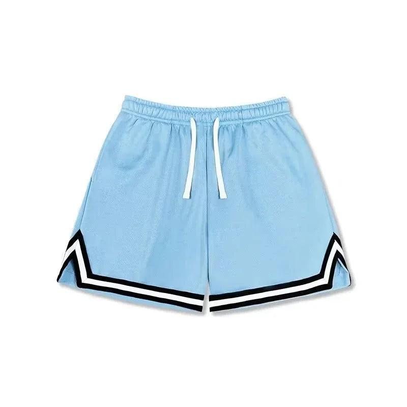 Light blue mesh athletic shorts with black and white chevron trim, relaxed fit
