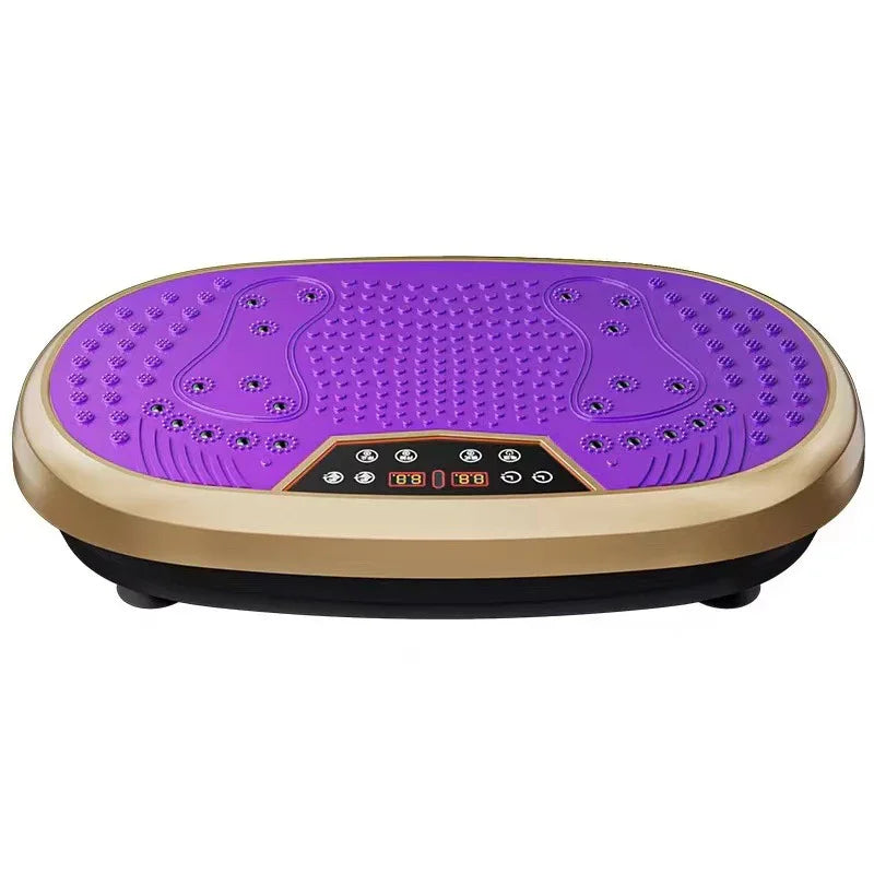 Purple and gold foot massager vibration plate with textured surface and digital controls