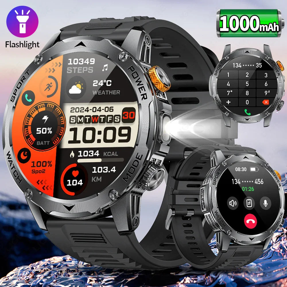 Rugged silver smart watch with black silicone band, large digital display, multifunctional fitness tracking, and built-in flashlight.