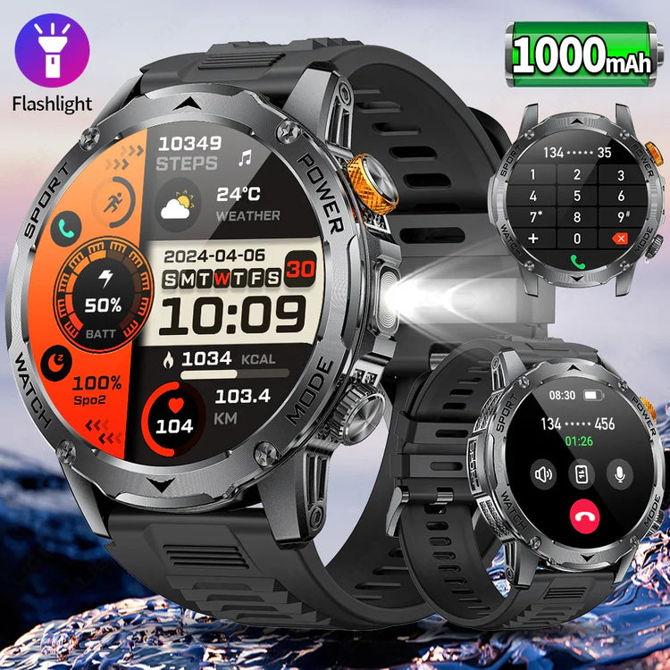 Rugged silver smart watch with black silicone band, large digital display, multifunctional fitness tracking, and built-in flashlight.