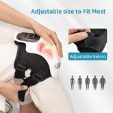 Black and white adjustable knee support brace with Velcro straps and ergonomic fit