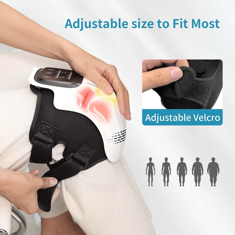 Black and white adjustable knee support brace with Velcro straps and ergonomic fit