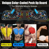 Color-coded push up board with blue, yellow, red, and white zones for targeted muscle workouts.