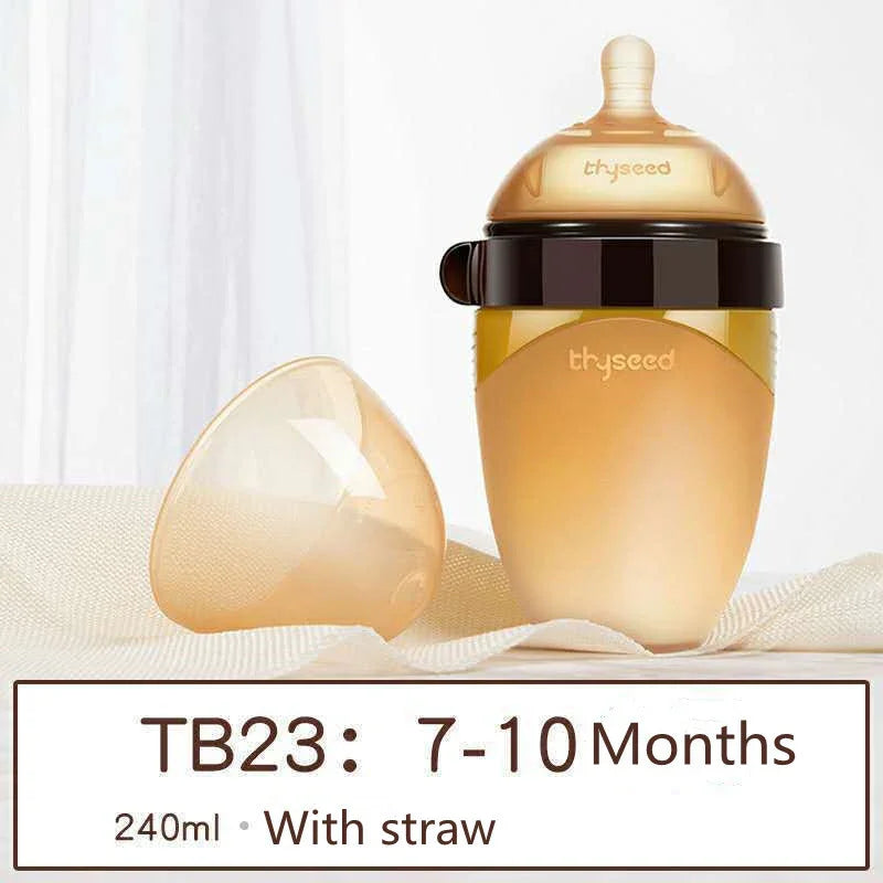 Translucent amber baby bottle with straw, silicone nipple, and lid, suitable for 7-10 months