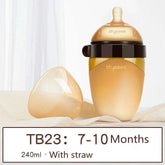 Translucent amber baby bottle with straw, silicone nipple, and lid, suitable for 7-10 months