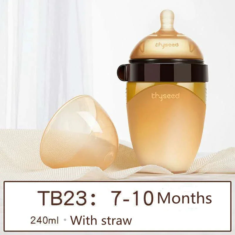 Translucent amber baby bottle with straw, silicone nipple, and lid, suitable for 7-10 months