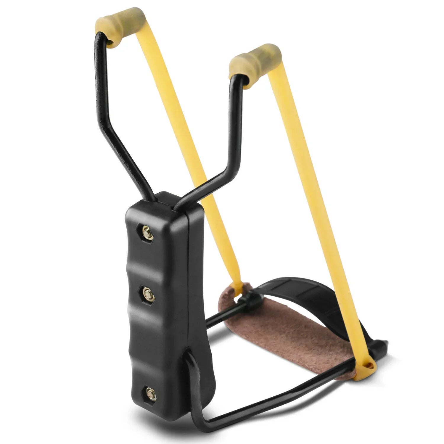 Black ergonomic slingshot with yellow rubber bands and brown leather pouch