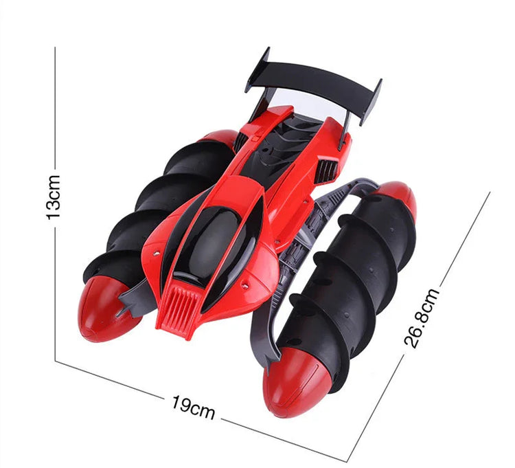 Futuristic red and black remote control car with spiral wheels, measured at 13x19x26.8cm.