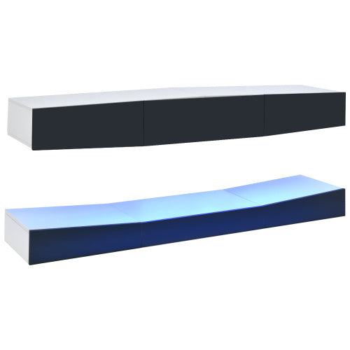 Grey particleboard hanging TV stand with LED lighting and minimalist design for living room media center