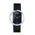 Modern minimalist watch with black leather band, silver open dial, and unique transparent face