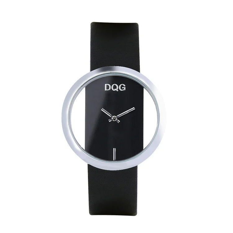 Modern minimalist watch with black leather band, silver open dial, and unique transparent face