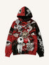 Streetwear hoodie with red and black abstract eye print, oversized fit, cotton blend material
