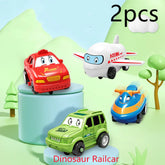 Assorted colorful cartoon toy vehicles including car, airplane, and train on pastel stands