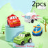 Assorted colorful cartoon toy vehicles including car, airplane, and train on pastel stands