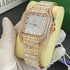 Rose gold square luxury watch with full crystal embellishments and metallic bracelet