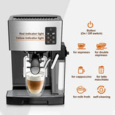 Modern espresso machine with stainless steel finish, making cappuccino with milk froth, digital control panel visible