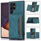 Teal leather wallet phone case with card slots, magnetic closure, slim fit design