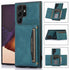 Teal leather wallet phone case with card slots, magnetic closure, slim fit design