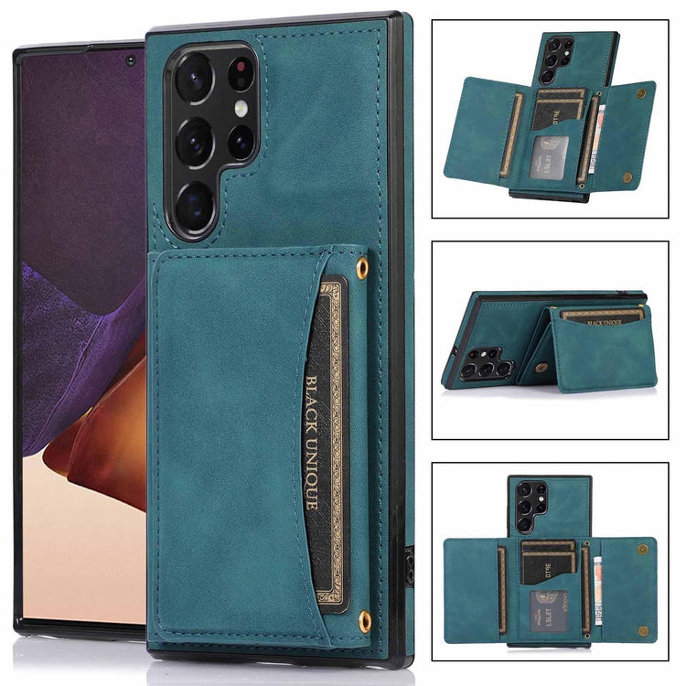 Teal leather wallet phone case with card slots, magnetic closure, slim fit design