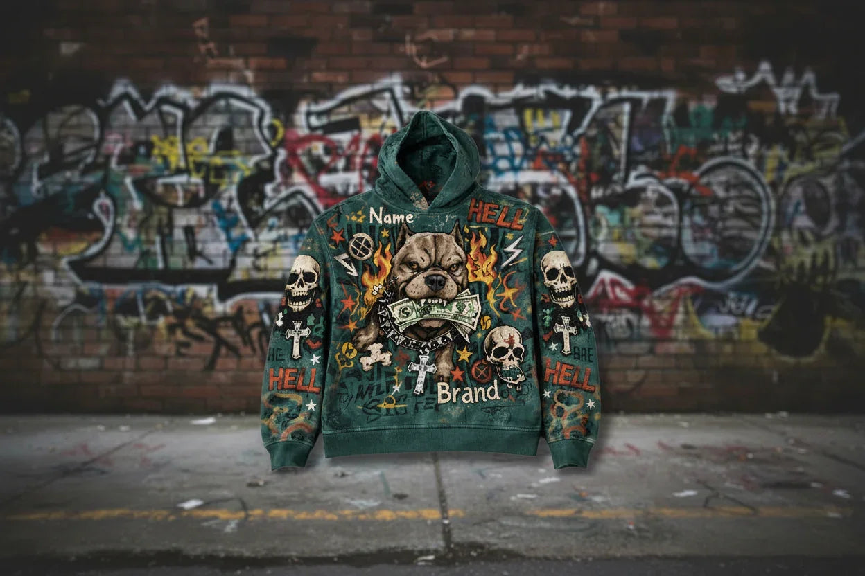 Green streetwear hoodie with bold graphic prints, skulls, crosses, and dog illustration, relaxed fit