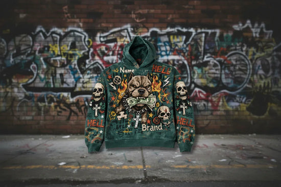 Green streetwear hoodie with bold graphic prints, skulls, crosses, and dog illustration, relaxed fit