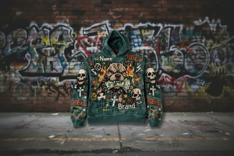 Green streetwear hoodie with bold graphic prints, skulls, crosses, and dog illustration, relaxed fit