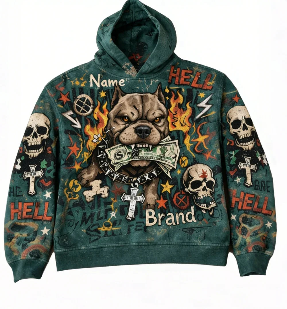 Green graphic streetwear hoodie with bold illustrations of a dog, skulls, flames, crosses, and dollar bills, loose fit, cotton material.