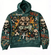 Green graphic streetwear hoodie with bold illustrations of a dog, skulls, flames, crosses, and dollar bills, loose fit, cotton material.