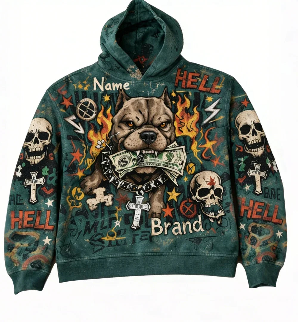 Green graphic streetwear hoodie with bold illustrations of a dog, skulls, flames, crosses, and dollar bills, loose fit, cotton material.