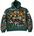 Green graphic streetwear hoodie with bold illustrations of a dog, skulls, flames, crosses, and dollar bills, loose fit, cotton material.