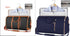 Two large duffel bags in black and navy, with leather accents, displayed open showing suit storage and hanging shirts, ideal for travel organization.