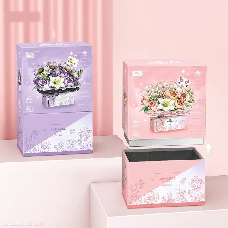 Pastel pink and purple gift boxes with floral bouquet illustrations on a soft pink background.