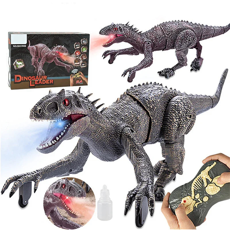 Remote control robotic dinosaur toy with textured gray body, red LED eyes, and mist spray effect