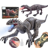 Remote control robotic dinosaur toy with textured gray body, red LED eyes, and mist spray effect