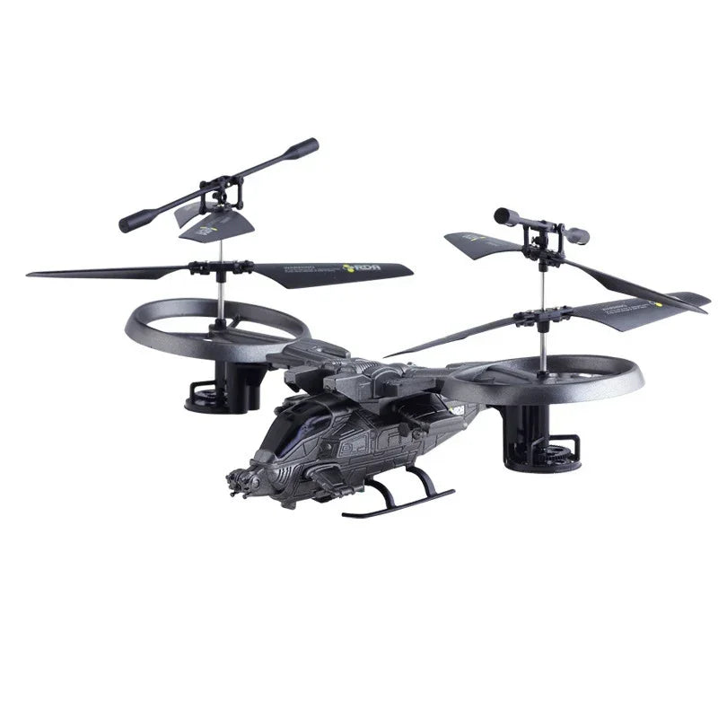 Black futuristic toy drone helicopter with dual rotors and sleek plastic body