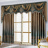 Luxury embroidered velvet curtains in brown and teal with ornate swag and valance, living room decor