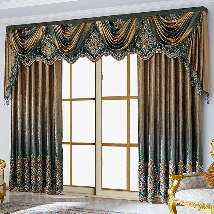 Luxury embroidered velvet curtains in brown and teal with ornate swag and valance, living room decor