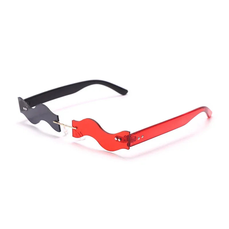 Wavy futuristic sunglasses with one black lens, one red lens, slim frame, unique streetwear style