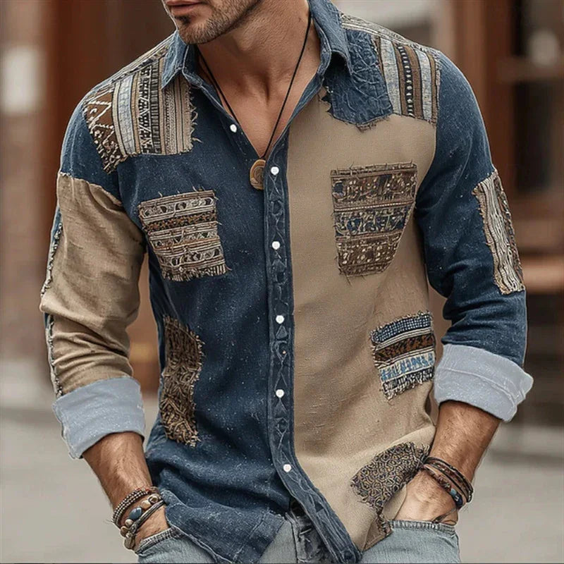 Men’s patchwork button-up shirt in blue and tan, long sleeve, relaxed fit, cotton blend.