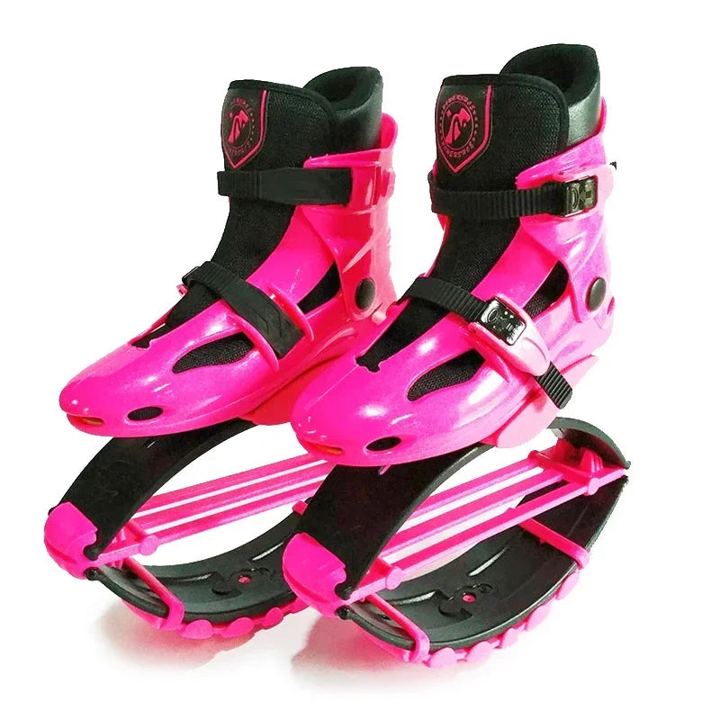 Futuristic pink and black jump shoes with adjustable straps, durable plastic shell and elastic soles