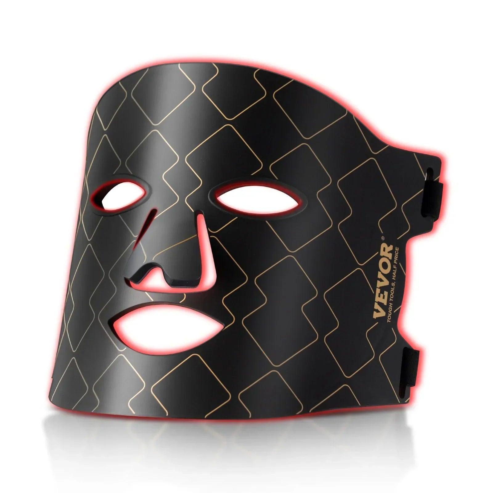 Black geometric LED face mask with gold pattern, futuristic design, full-face fit