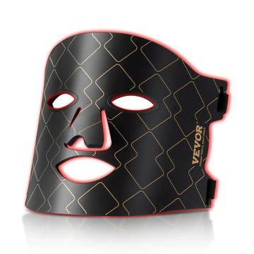 Black geometric LED face mask with gold pattern, futuristic design, full-face fit