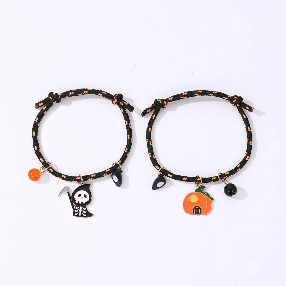 Black rope bracelets with orange accents, Halloween charms, adjustable fit