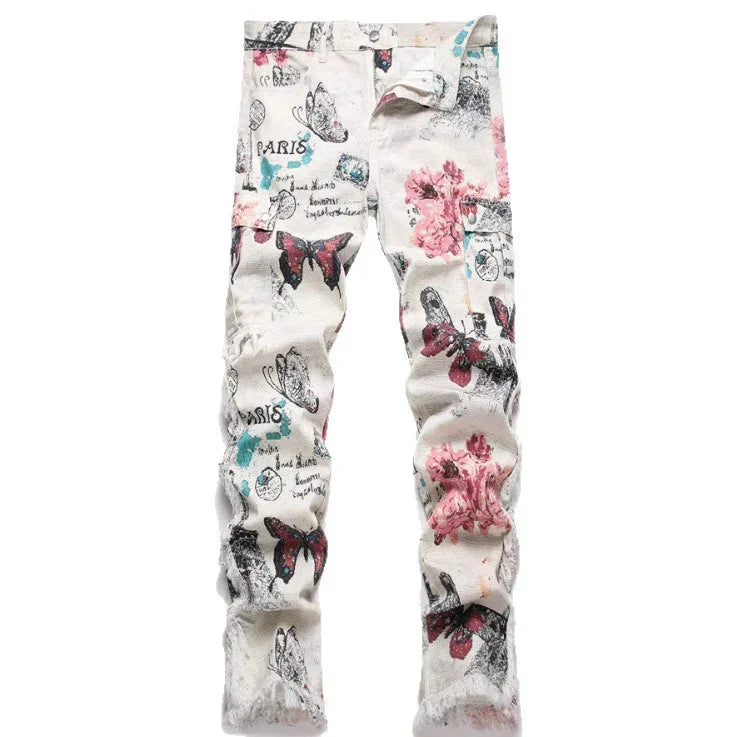 White straight-leg jeans with colorful butterfly and floral print, slim fit, cotton material
