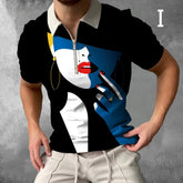 Man wearing a modern graphic short-sleeve shirt with bold color block art and zip collar.